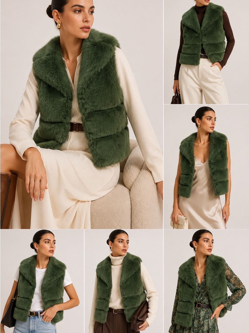 FINDS Green Faux Fur Vest Plush Luxe Layering Cozy Chic M/L Fall Winter - Picture 2 of 9